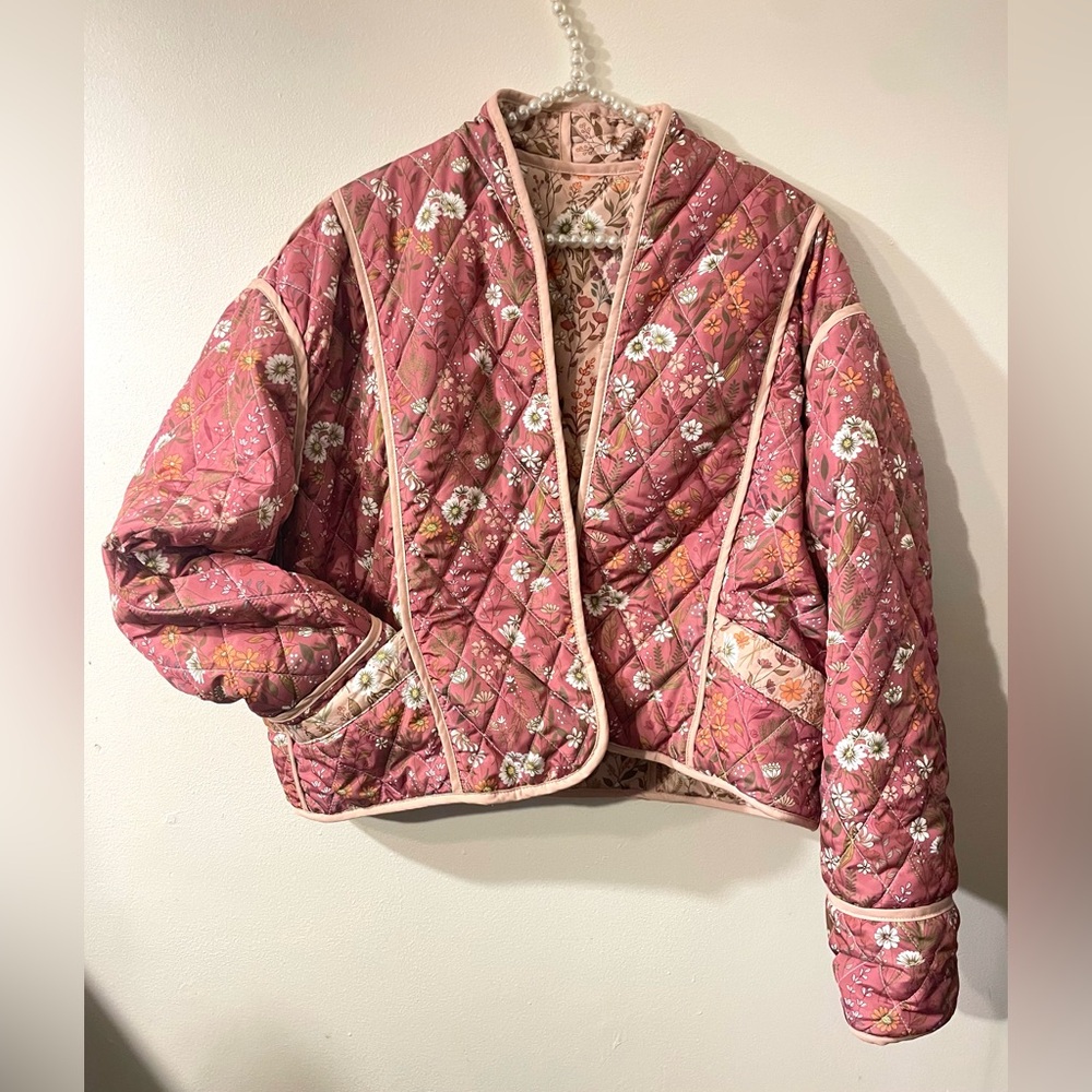 Simply Southern Quilted Floral Jacket Reversible Pink/Tan Sz XL - Picture 6 of 10